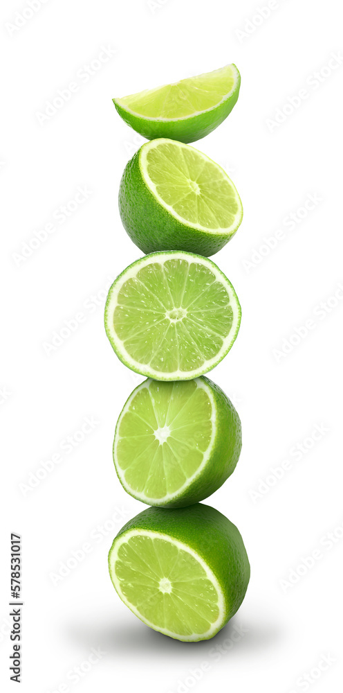 Many stacked cut limes on white background