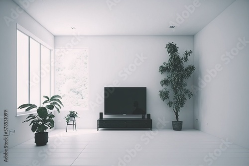 Television put on tv stand  wood table  in minimal empty spave room background white wall AI Generative 