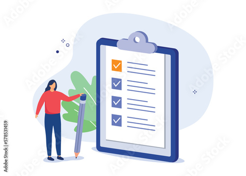 Characters giving positive feedback and filing checklist on smartphone. Rating scale and customer satisfaction concept. Vector illustration.