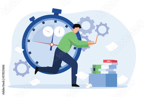 Deadline or Lack of time concept illustration. Outsource employee works on the laptop. Vector illustration