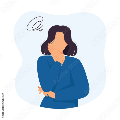 Feeling worried and frustration concept. Young irritated frustrated woman cartoon character standing touching cheek. Vector Illustration.
