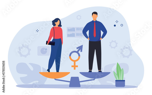 Gender equality concept. Equal business man and woman on balance scale.  Workforce without gender discrimination. Vector illustration.