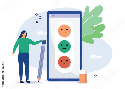 Characters giving positive feedback and filing checklist on smartphone. Rating scale and customer satisfaction concept. Vector illustration.