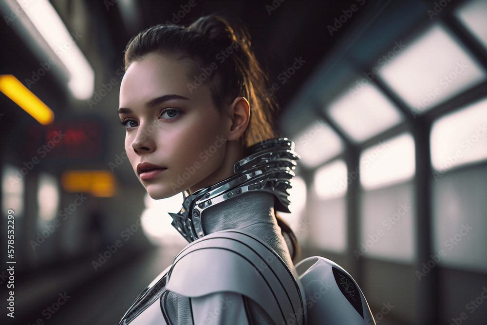 a young adult woman is a robot or a woman as human evolution through