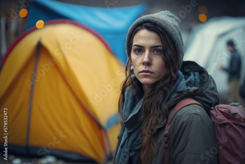 young sad adult woman standing in front of tents, fictional place and person. Generative AI