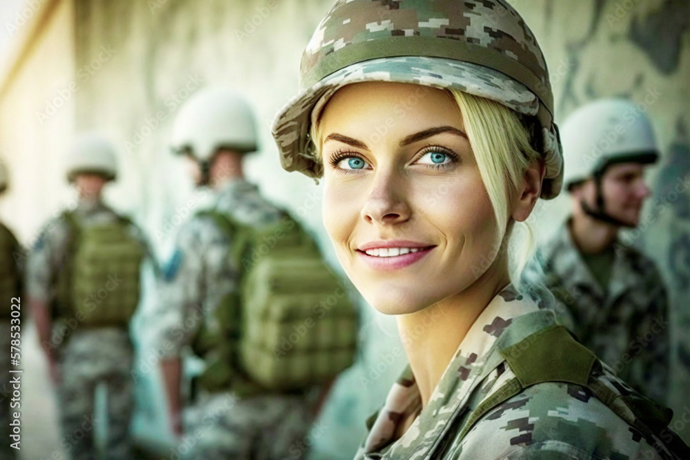 Fototapeta premium a young adult soldier in a soldier's uniform together with other soldiers in a soldier's uniform on a mission. Generative AI
