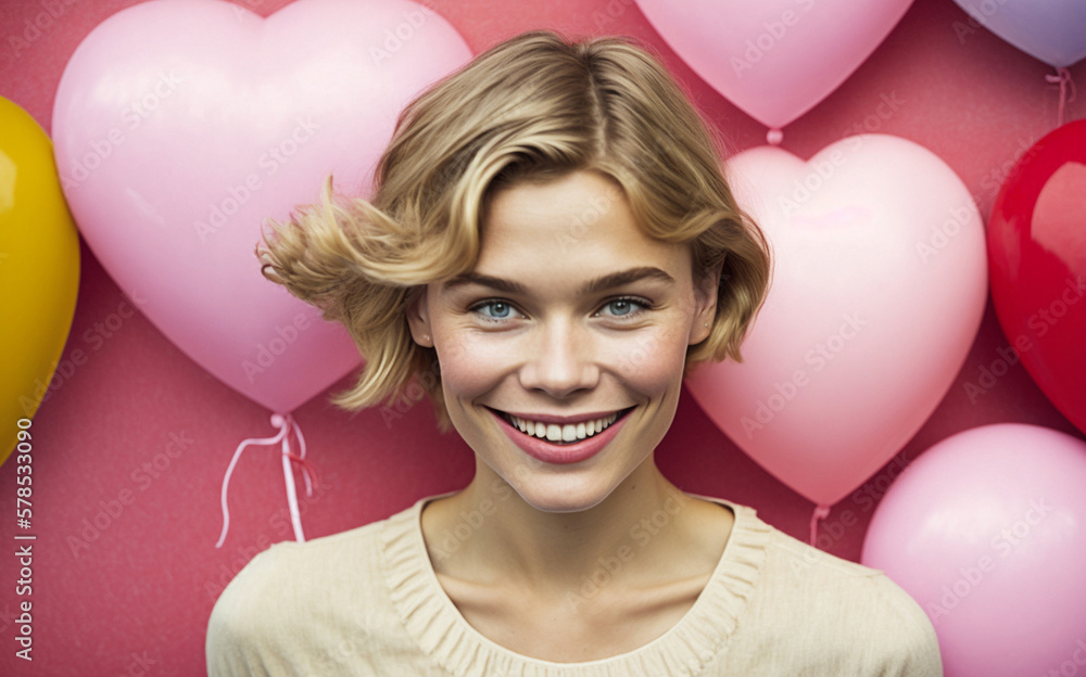 a teenager girl with a pastel colored heart shaped balloon and a nice smile and a short hairstyle. Generative AI a teenager girl with a pastel colored heart shaped balloon and a nice smile and a short hairstyle. Generative AI