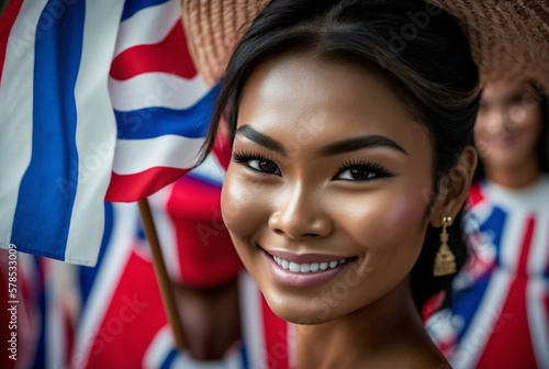young thai adult female holding the flag of thailand, slightly abstract, friendly smiling dark tanned skin, asian girl, slim with dark hair and dark eyes. Generative AI
