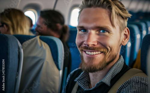 a young adult man sits in his seat on the plane and smiles, plane and flight, in flight already looking forward to landing and arrival. Generative AI