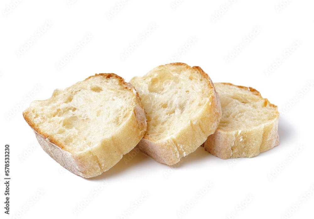 Pieces of fresh baguette isolated on white background Pieces of fresh baguette isolated on white background