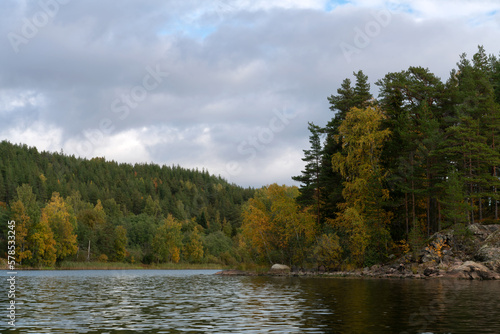 Fototapeta Naklejka Na Ścianę i Meble -  View of Lake Ladoga near the village Lumivaara on a sunny autumn day, Ladoga skerries, Republic of Karelia, Russia