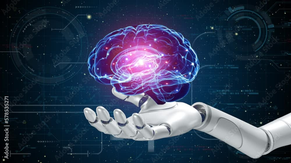 Robot hand with glowing brain on future virtual background. AI ...