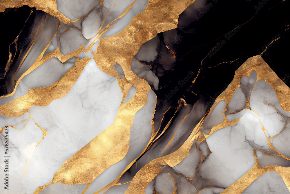 White marble with gold and black obsidian surface abstract background. Decorative acrylic paint pouring rock marble texture. Horizontal natural black and gold abstract pattern.