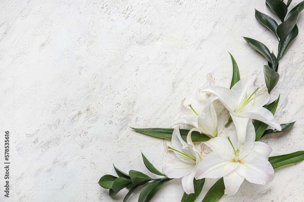 Composition with beautiful lily flowers and plant branches on light background Composition with beautiful lily flowers and plant branches on light background