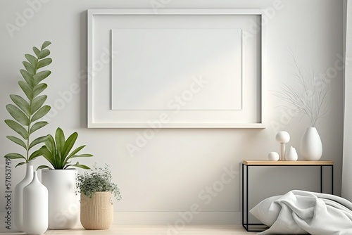 Blank horizontal poster frame mock up in minimal white style living room interior  modern living room interior background  Ai generative.