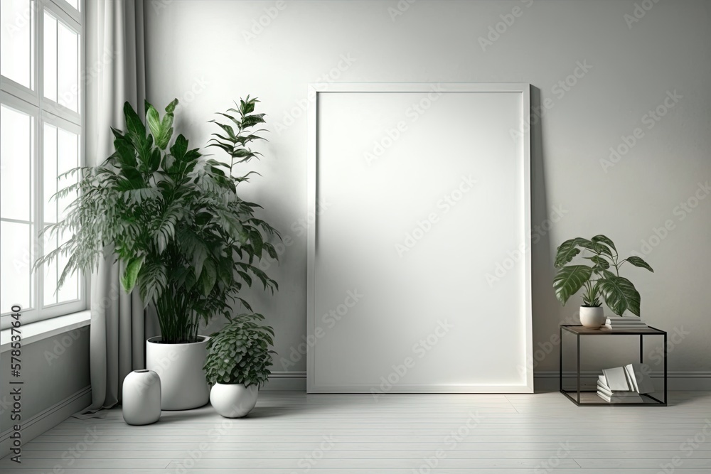 Blank horizontal poster frame mock up in minimal white style living room interior, modern living room interior background, Ai generative. Blank horizontal poster frame mock up in minimal white style living room interior, modern living room interior background, Ai generative.