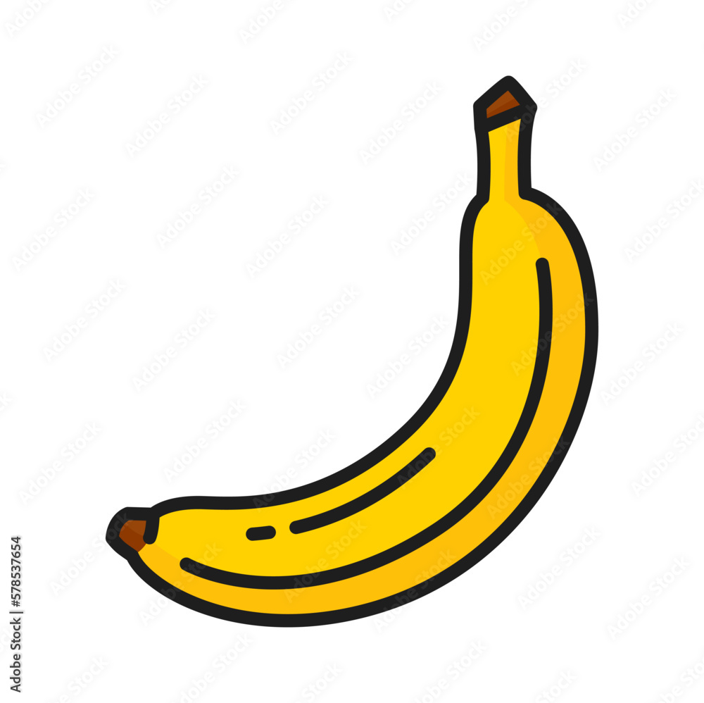 Ripe banana in peel isolated yellow color thin line icon. Vector juicy nutrition banana, healthy organic eating, raw tasty summer sack, palm fruit