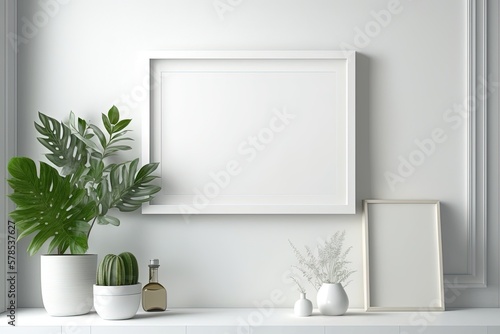 Blank horizontal poster frame mock up in minimal white style living room interior, modern living room interior background, Ai generative. © AKKA
