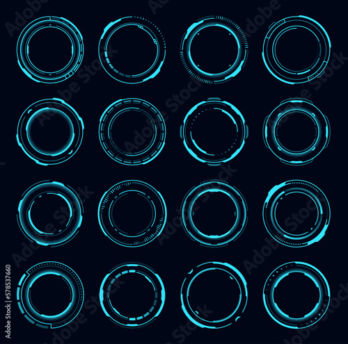 HUD round frame borders, aim control target and navigation element, vector circles. HUD futuristic technology or Sci Fi game interface of digital holograms or circle frames and virtual round controls