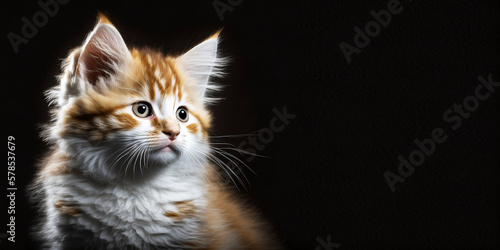 Cute kitten on a dark background and free space for text, generative ai © ImronDesign