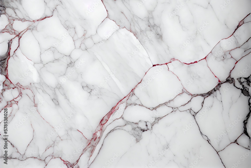 White marble with red veins surface abstract background. Decorative acrylic paint pouring rock marble texture. Horizontal natural white and red abstract pattern.