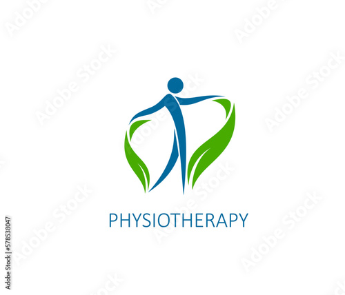 Physiotherapy, chiropractic practice icon. Physiotherapy doctor, orthopedic rehabilitation medical center or back pain treatment vector symbol. Spine health therapist sign with human abstract figure