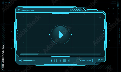 HUD video player screen interface and UI frame, vector futuristic template for live stream play. HUD video player hologram screen with buttons overlay, web movie or online video stream window panel