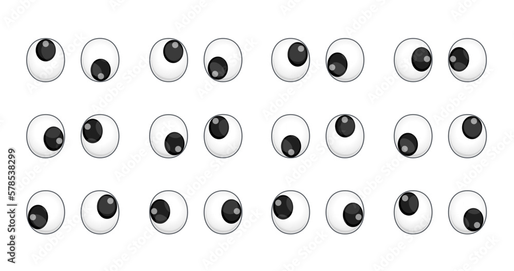 Plastic wobbly animated puppet toy eyes, vector cartoon character face