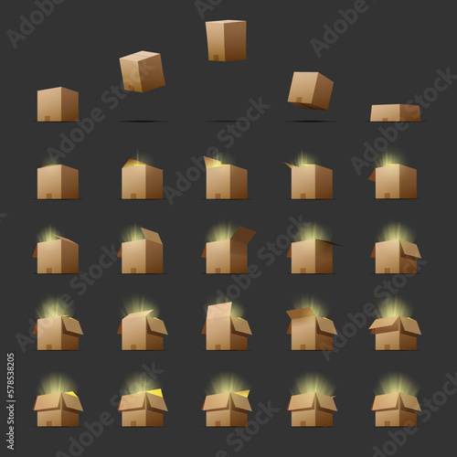 Jumping cartoon animated gift box sprite, vector game ui. Animation frame sequence of open and closed cardboard package, parcel or pack with shining light. Animated brown gift box with surprise