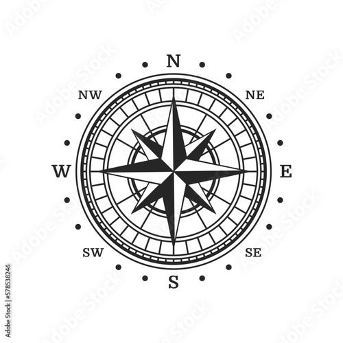 Old compass, vintage map wind rose vector symbol of nautical navigation, marine travel and adventure. Windrose star with north, south, west and east cardinal direction arrows, ancient compass rose