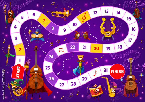 Kids board game wizard musical instrument characters, sound waves and notes. Kid vector worksheet with guitar, saxophone, drum and vuvuzela. French horn, double bass, flute, violin, harp or tambourine