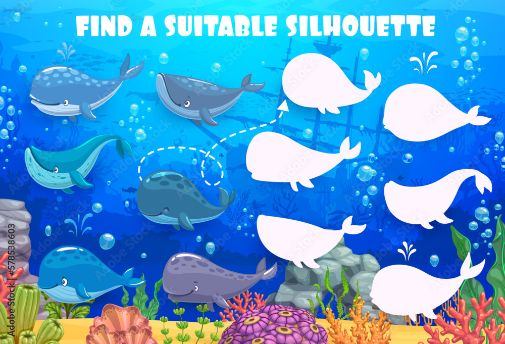 Cartoon underwater landscape. Find a correct silhouette of whale and sperm whale characters. Kids vector shadow match game worksheet, children logic activity, preschool or kindergarten education page