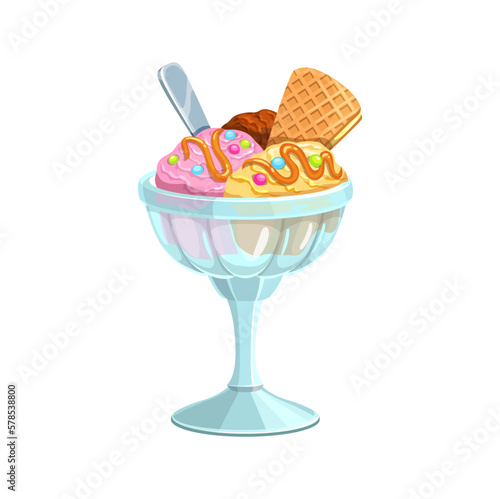 Cartoon ice cream sundae dessert food in glass cup. Vector scoops of chocolate, strawberry and vanilla ice cream balls in bowl with waffle, caramel, sprinkles and spoon. Frozen yogurt, gelato dessert