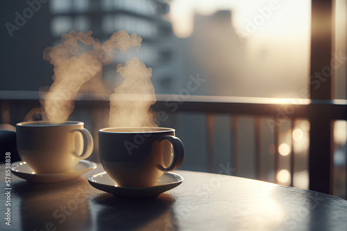 Coffee cups on table with morning sunlight from city view. Generative AI