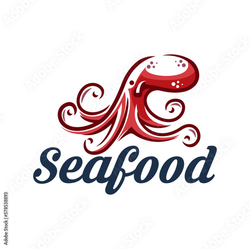 Octopus seafood icon. Restaurant or bar sea food menu, seafood shop or fresh fish market vector emblem. Fishing company icon or symbol with red octopus mollusc character sign
