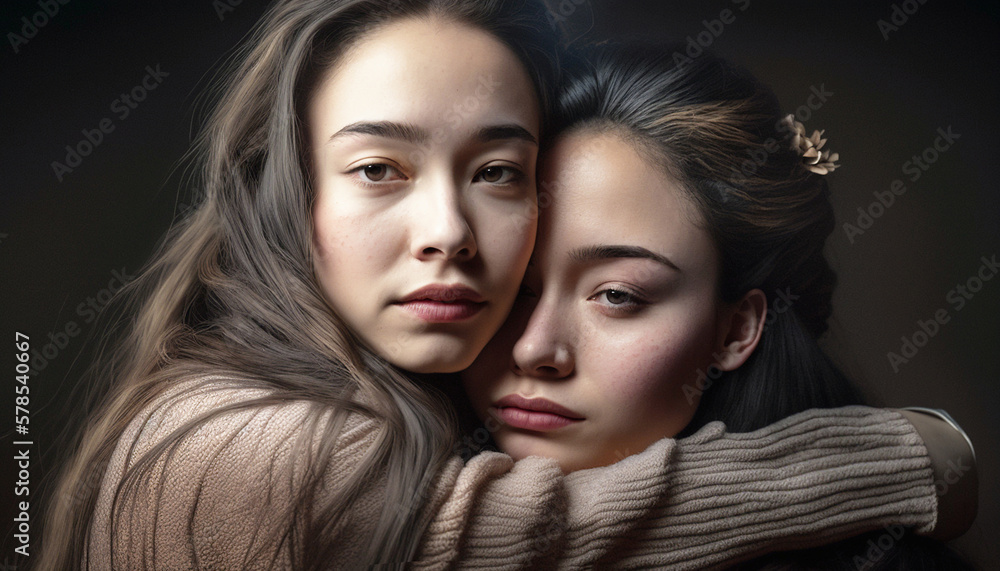 two young adult women hug each other. Generative AI two young adult women hug each other. Generative AI