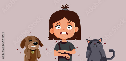 Child Gets Parasites from Pet Animals and Scratches Vector Cartoon. Unhappy child having symptoms of flea bites from domestic cat and dog
