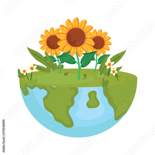 world globe with sunflowers