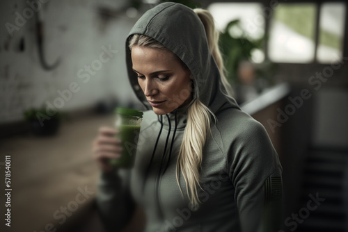 young adult slender woman holding green smoothie juice. Generative AI