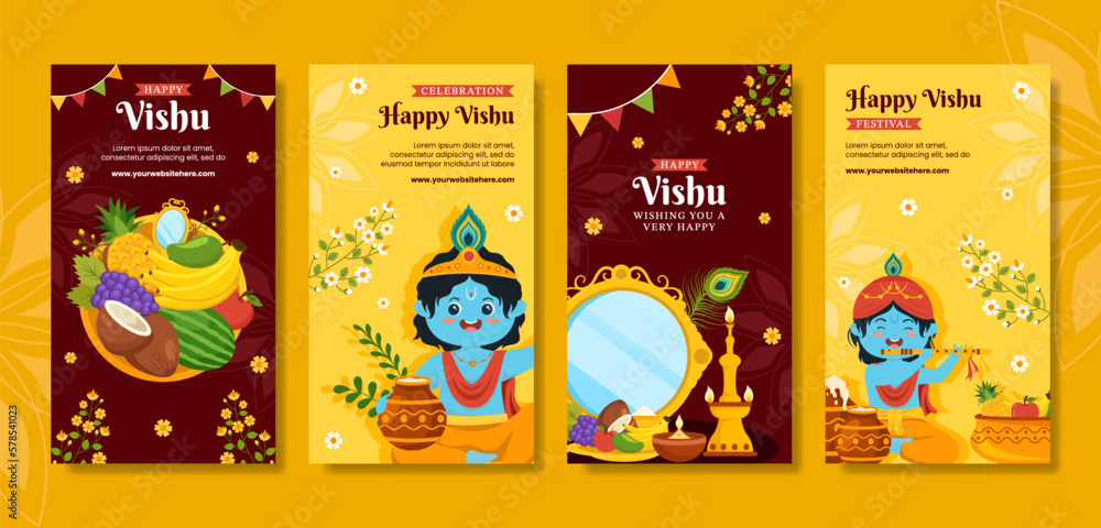 Happy Vishu Festival Social Media Stories Cartoon Hand Drawn Templates Background Illustration