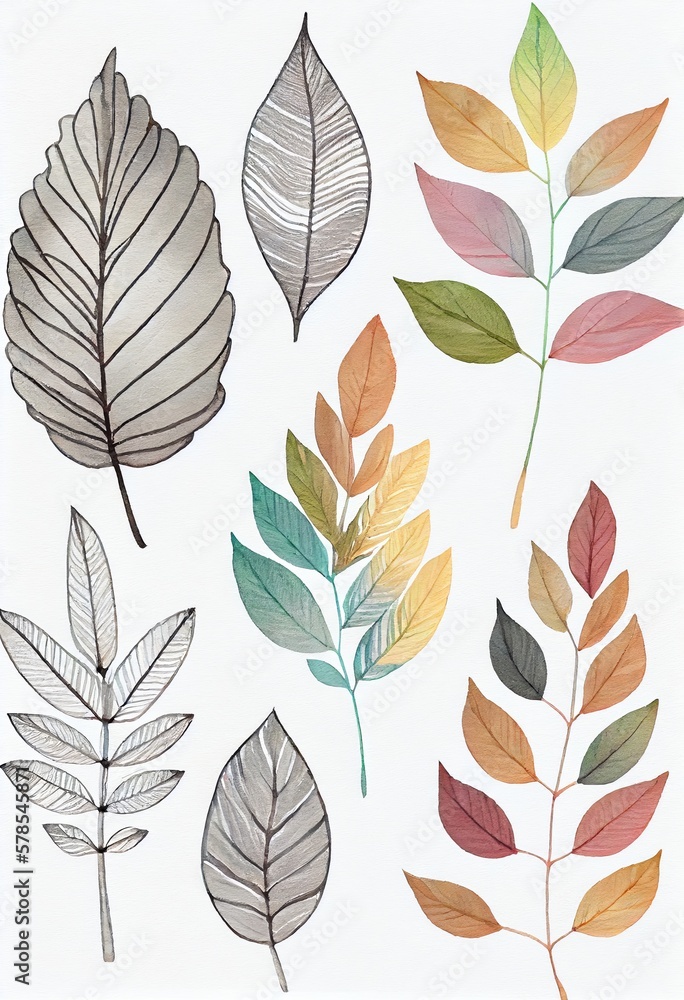Fototapeta premium Tree leaves watercolor pattern on white background. Artistic drawn pastel botanical plants painting. AI generated creative decorative floral vertical poster.