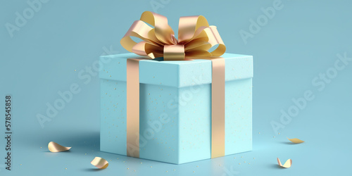 3D gift box, gold ribbon bow on blue pastel background. Present mockup for cosmetic product . Realistic gift with confetti . Copy space banner Birthday, valentine or Christmas 3d render © Welisson