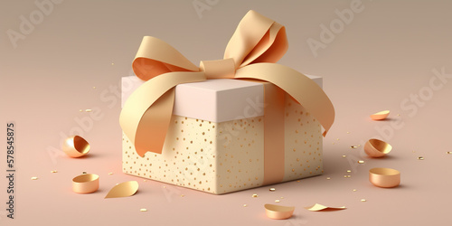 3D gift box, gold ribbon bow on beige pastel background. Present mockup for cosmetic product . Realistic gift with confetti . Copy space banner Birthday, valentine or Christmas 3d render © Welisson