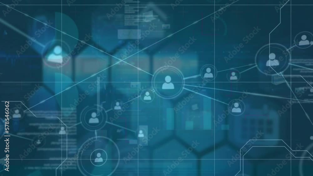 Animation of network of connections with icons over data processing on black background Animation of network of connections with icons over data processing on black background