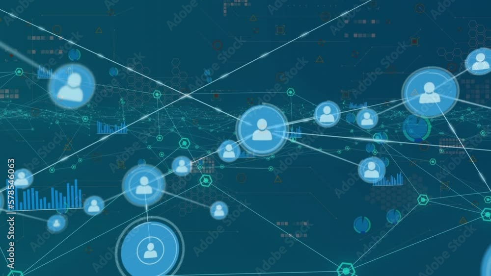 Animation of network of connections with icons over data processing on black background