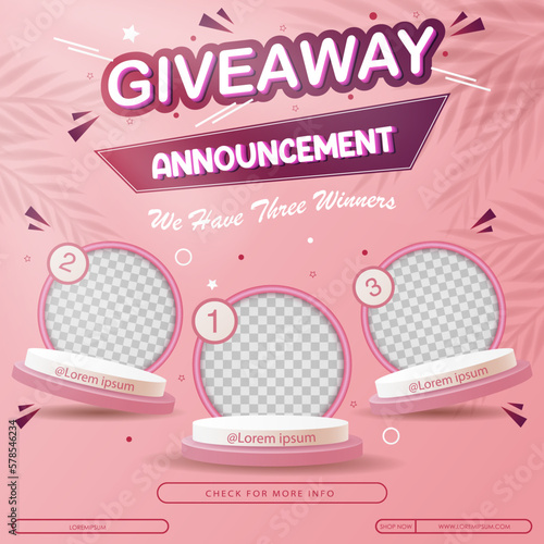 Giveaway winner announcement social media post template. Giveaway winner announcement with three winners. Vector illustration