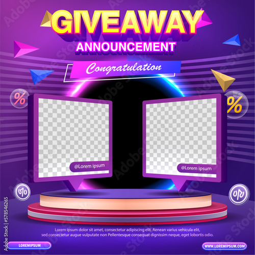 Giveaway winner announcement social media post template. Giveaway winner announcement with two winners. Vector illustration