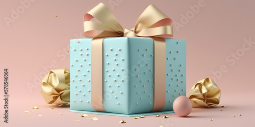 3D gift box, gold ribbon bow on blue pastel background. Present mockup for cosmetic product . Realistic gift with confetti . Copy space banner Birthday, valentine or Christmas 3d render