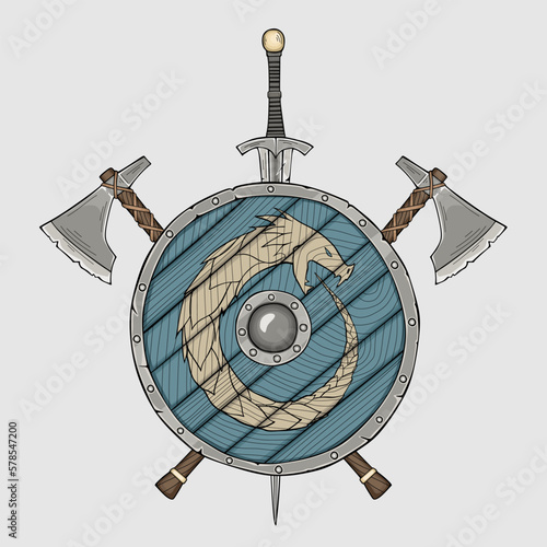 Viking crossed axes, sword and shield
