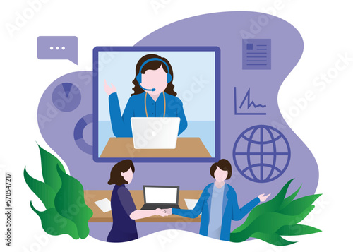 Online business conference illustration, online meeting icon, Presentation and discussion of the project